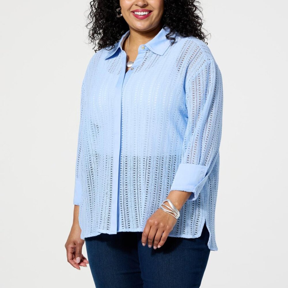 WynneCollection Womens Woven Crochet Button-Down Shirt Blouse‎ Size 2XL Nautical